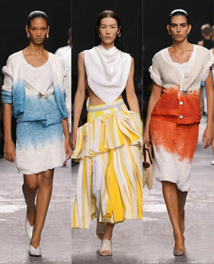 Peças do desfile da Bottega Veneta. Mostram as peças ganhando cores na passarela.