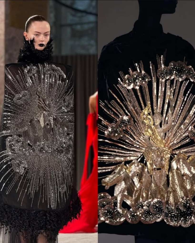 Imagem que compara os arquivos da maison Schiaparelli com o desfile atual de Alta Costura, demonstrando o surrealismo intrínseco no DNA da grife.