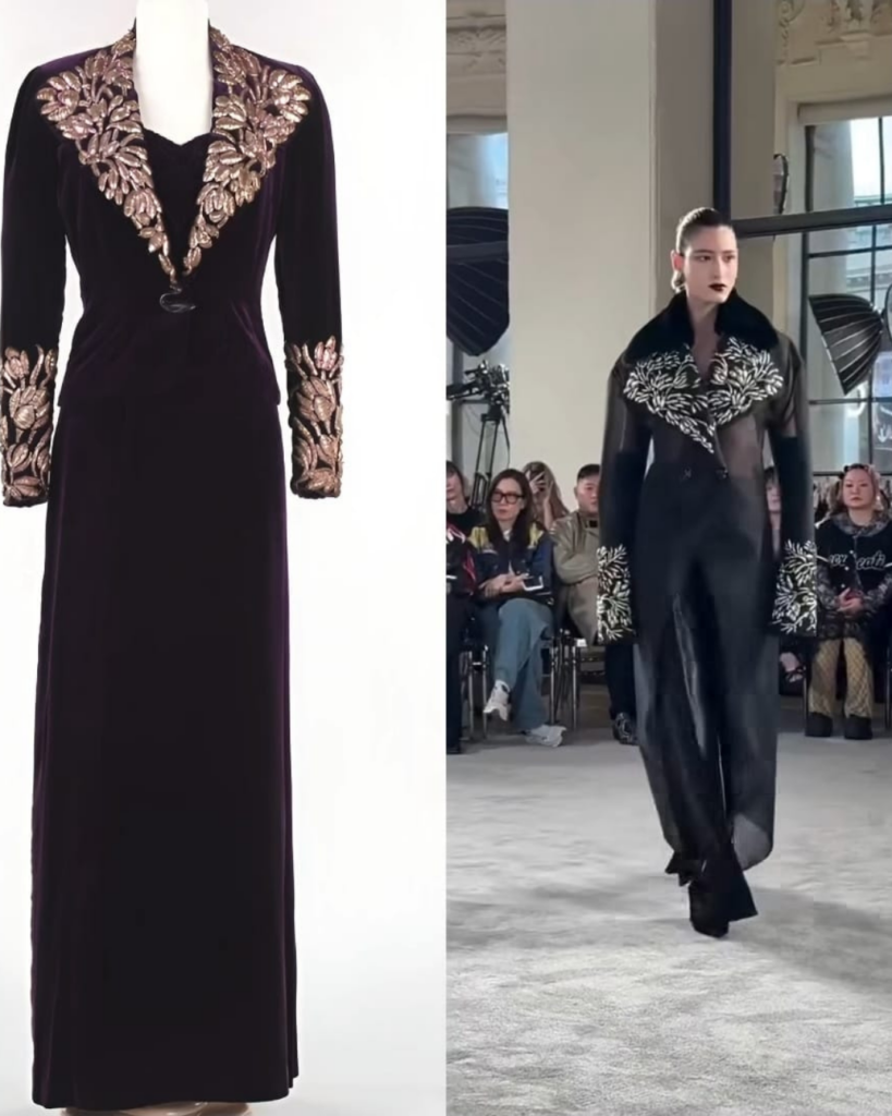 Imagem que compara os arquivos da maison Schiaparelli com o desfile atual de Alta Costura, demonstrando o surrealismo intrínseco no DNA da grife.