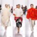 Imagem de três looks do desfile de estreia de Louise Trotter na Bottega Veneta.