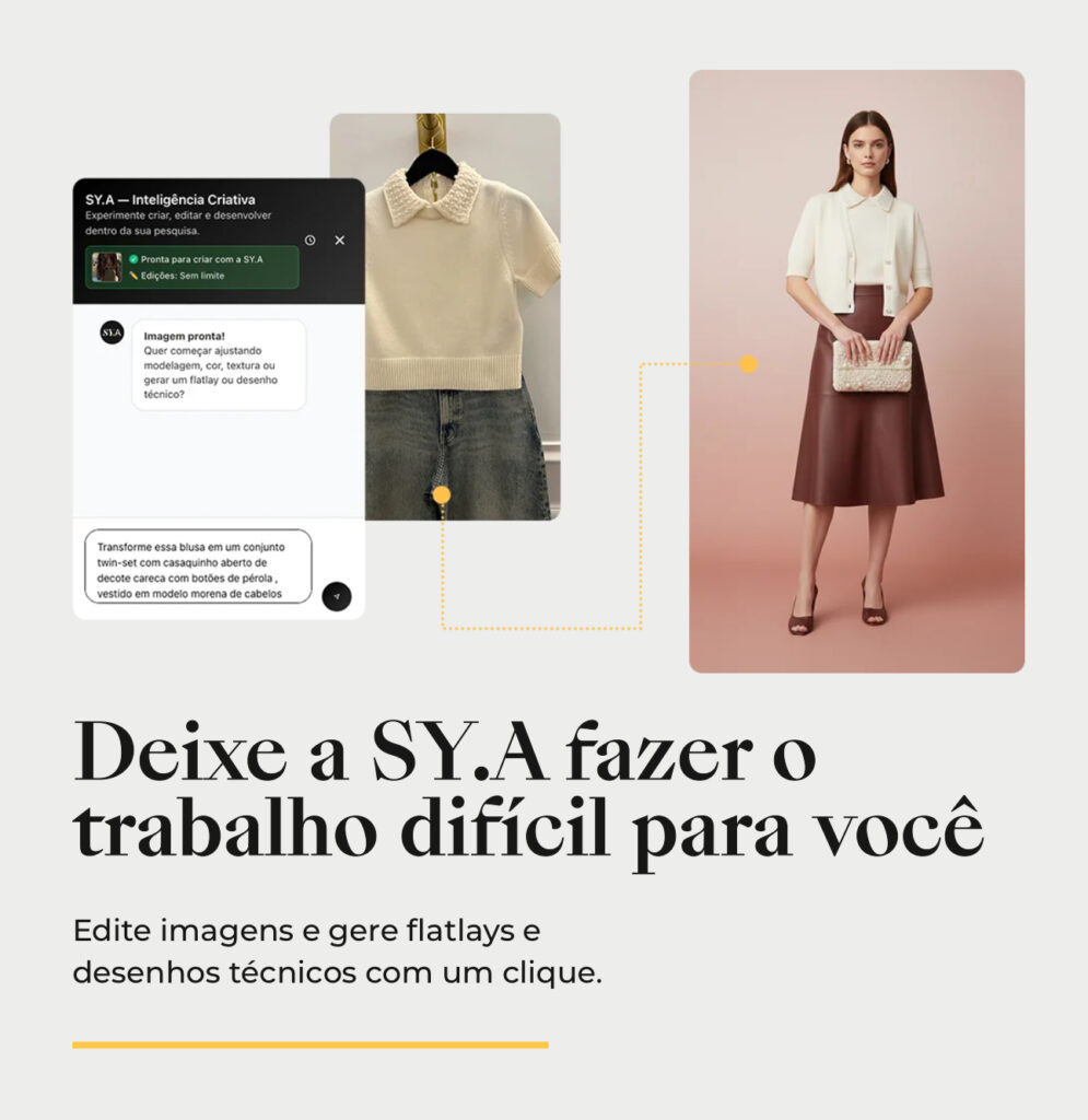 Deixe a SY.A, inteligência artificial da New&Now fazer o trabalho difícil para você: edite imagens e gere flatlays e desenhos técnicos com um clique.