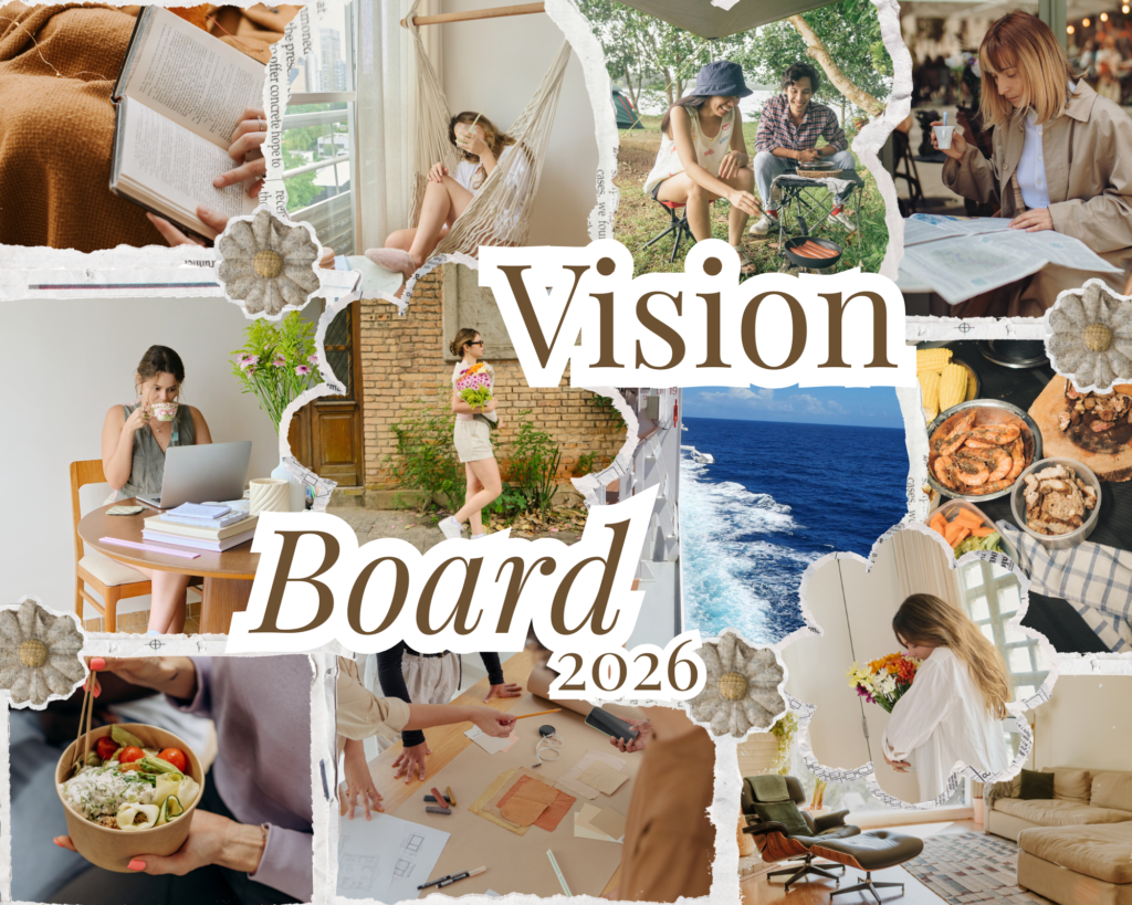 Colagens de fotos que representam as metas e sonhos de quem as colou.