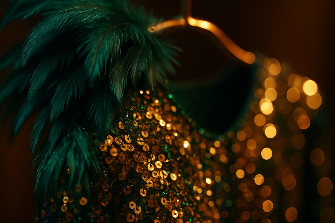 Fantasia de carnaval com brilhos dourados.