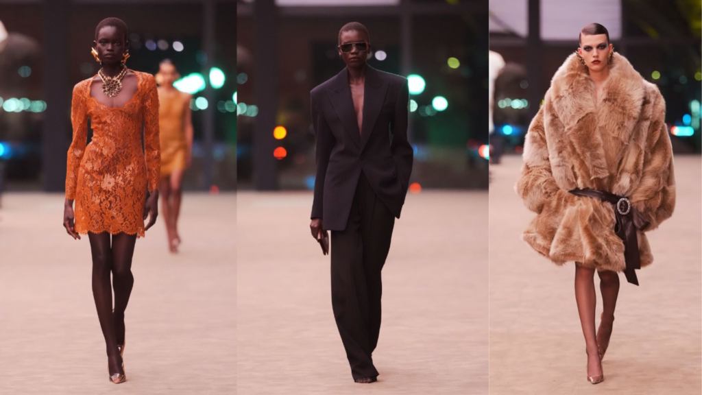 Imagem de três peças apresentadas no desfile de dez anos da primeira coleção de Anthony Vaccarello na Yves Saint Laurent. 