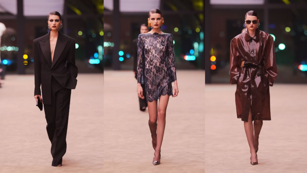 Imagem de três peças apresentadas no desfile de dez anos da primeira coleção de Anthony Vaccarello na Yves Saint Laurent. 