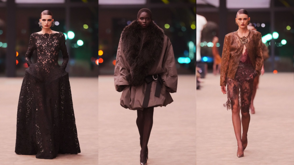 Imagem de três peças apresentadas no desfile de dez anos da primeira coleção de Anthony Vaccarello na Yves Saint Laurent. 