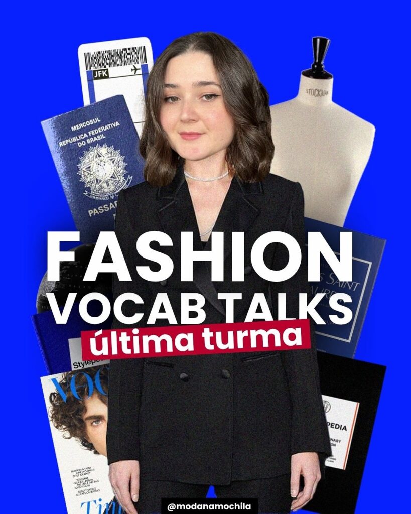 Mulher branca cabelos castanhos e usando um terno preto. Sobre a imagem tem uma legenda FASHION VOCAB TALKS