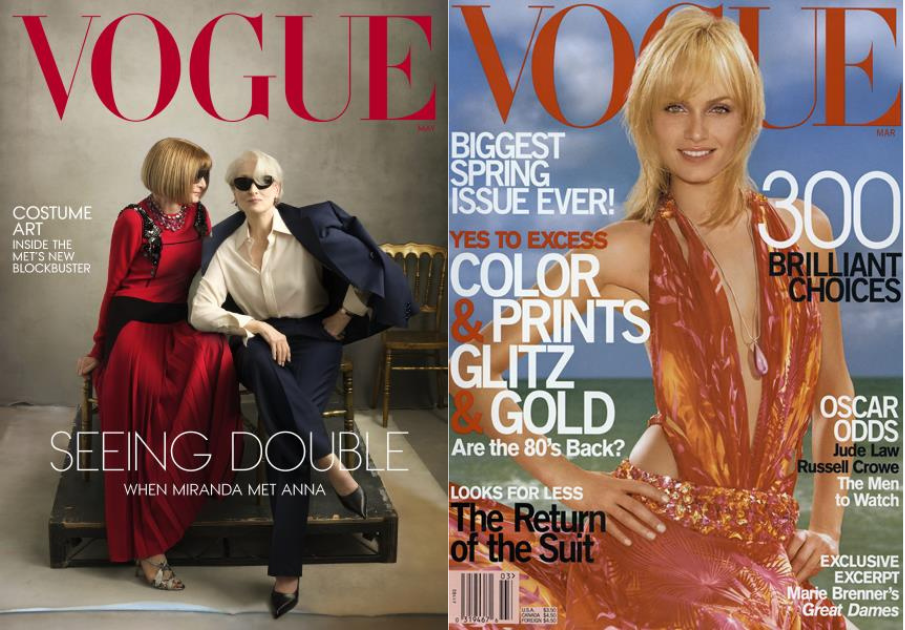 Duas capas de revistas Vogue impressas comparadas: a de divulgação do filme O Diabo Veste Prada 2 com Anna Wintour e Miranda Priestly e outra mais antiga, lançada nos anos 2000 antes da "guerra" entre o físico e o digital se torna um dilema real