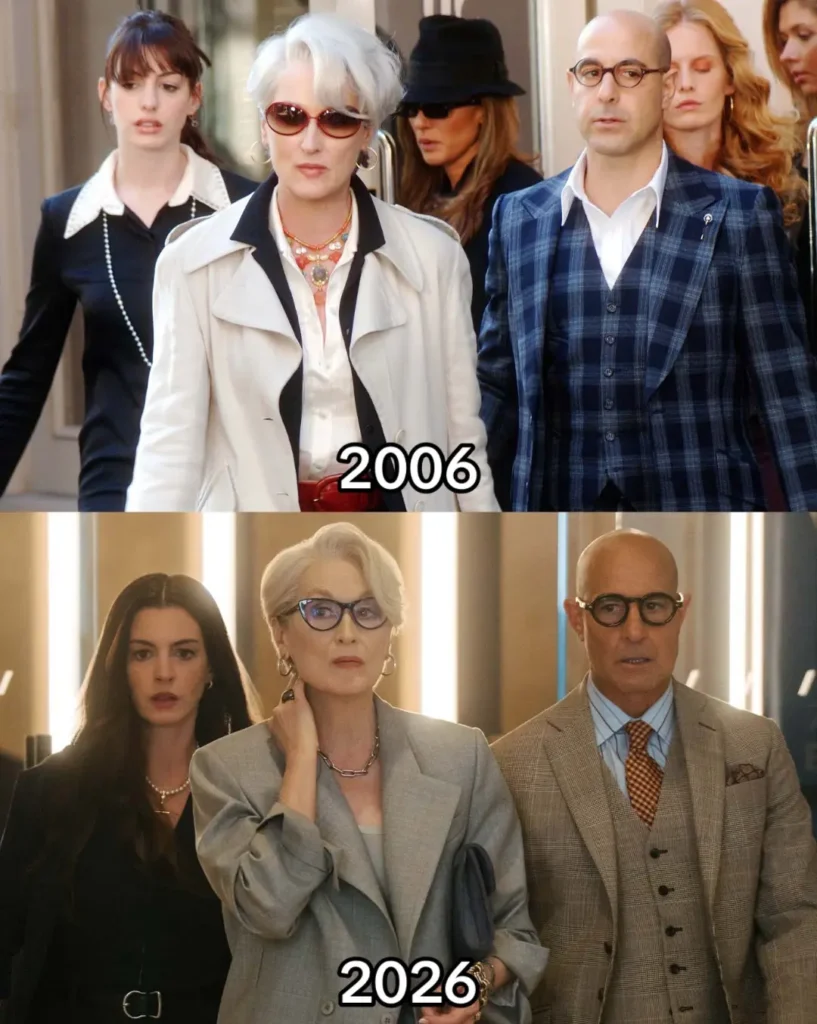 Cenas de O Diabo Veste Prada 1 e de O Diabo Veste Prada 2 comparando as mudanças na franquia do filme lançado em 2006 com a sequência de 2026