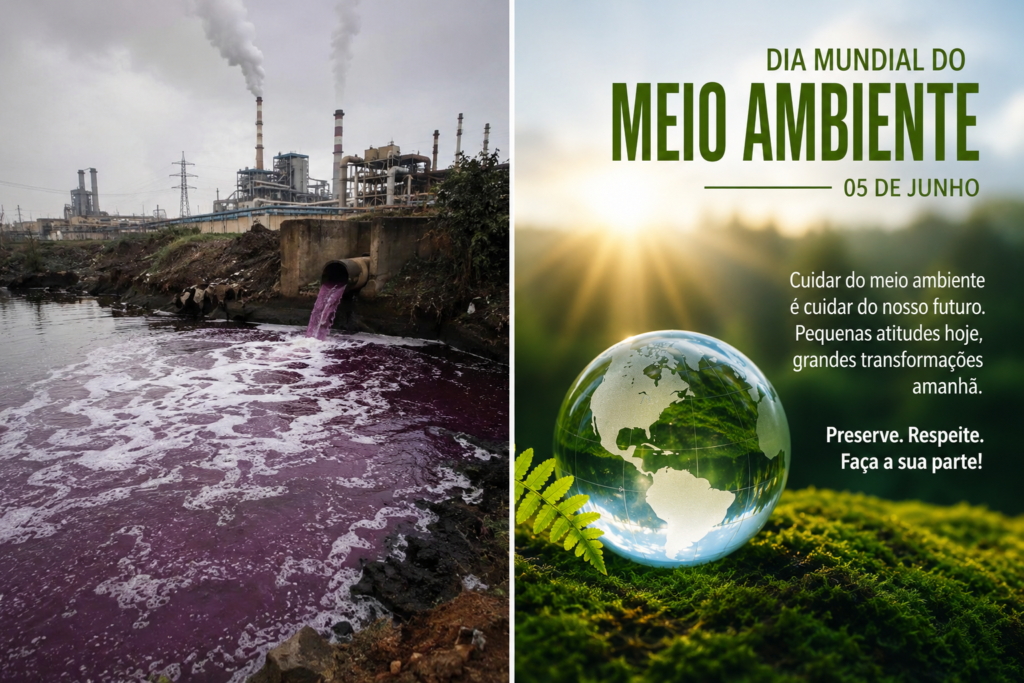 Foto feita por IA: De um lado um exemplo da polução presente em nosso planeta, do outro uma poster informando sobre o Dia Mundial do Meio Ambiente 