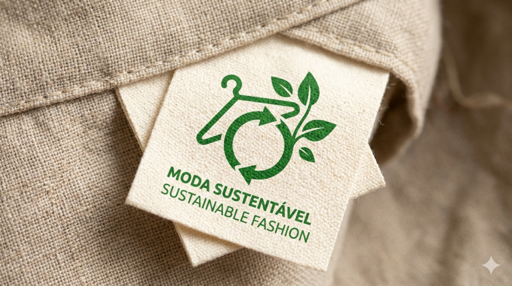 Foto feito por IA de uma blusa cuja etiqueta indica que ela foi feita a partir de técnicas têxteis sustentáveis 