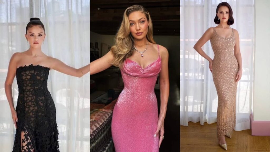 Os vestidos, um preto de renda e outro num tom champanhe, utilizados por Selena Gomez e o vestido rosa de Gigi Hadid para o casamento de Taylor Swift no ano de 2026