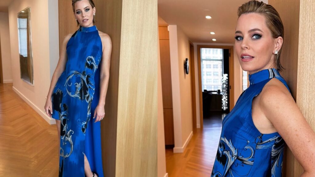 Elizabeth Banks optou por um vestido azul vibrante, uma peça vintage para o casamento de Taylor Swift, sinalizando mais uma tendência para 2026
