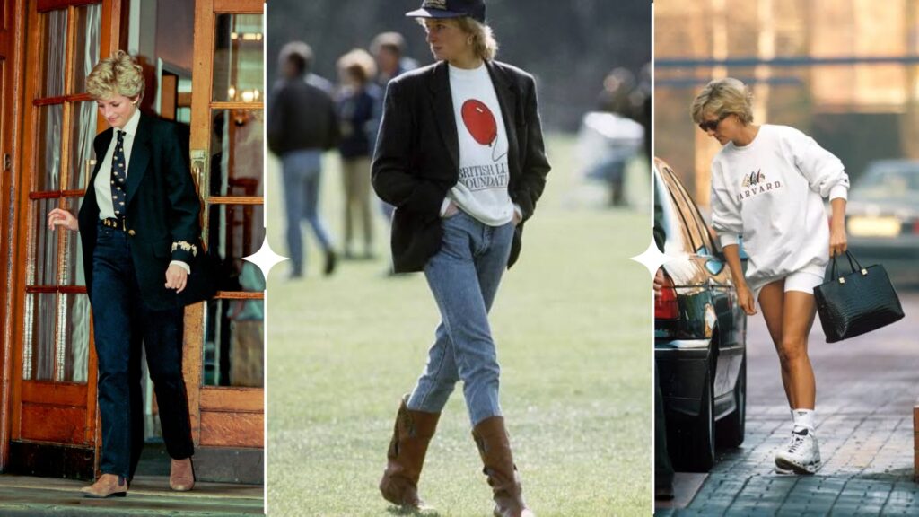 Três looks em que a princesa Diana aparece utilizando blazer, jeans, moletom, shorts transmitindo ao mundo o seu estilo casual, mas a cima disso, a coragem de alguém que, mesmo em meio a tantas regras, consegue ainda saber e mostrar aos outros quem ela ainda é.